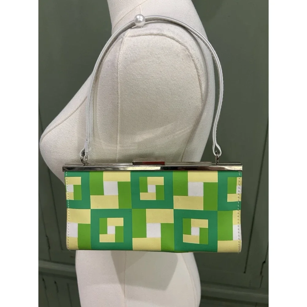Vintage Claires Icing‎ Y2K Mini Shoulder Bag Purse Kiss Lock Green Geo 00s Bratz